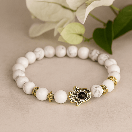 Howlite Stretch Bracelet with Gold Hamsa - SHAMTAM.COM