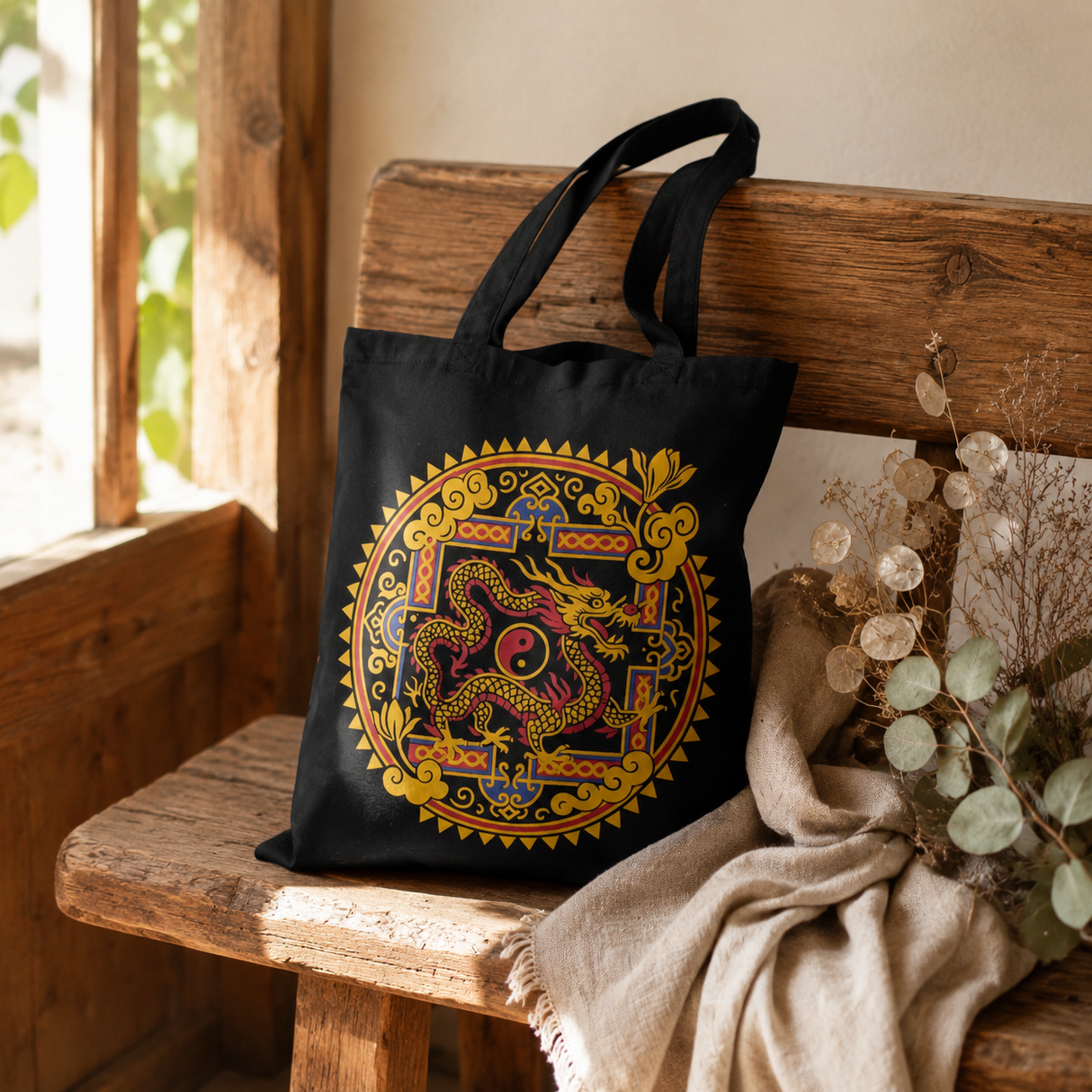 Ikoniczna klasyczna torba typu tote - Smok Yin & Yang - czarna 6oz