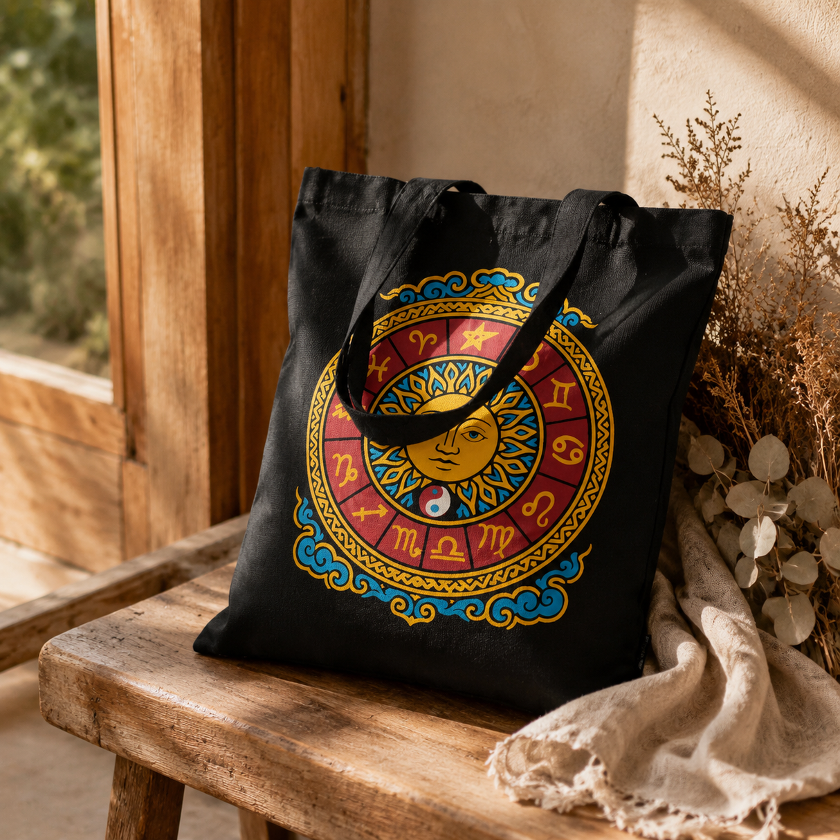Ikoniczna klasyczna torba typu tote - Zodiac Sun - czarna 6oz