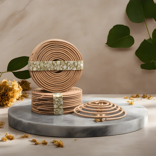 Spiral incense coil burning slowly, releasing a steady ribbon of fragrant smoke