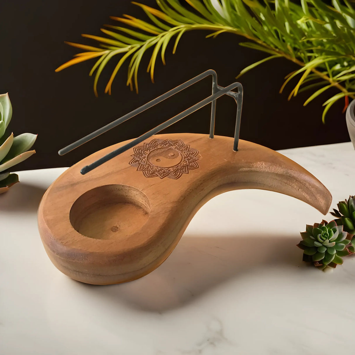 Palo Santo Holder Teardrop - Teak Wood - Yin & Yang Design