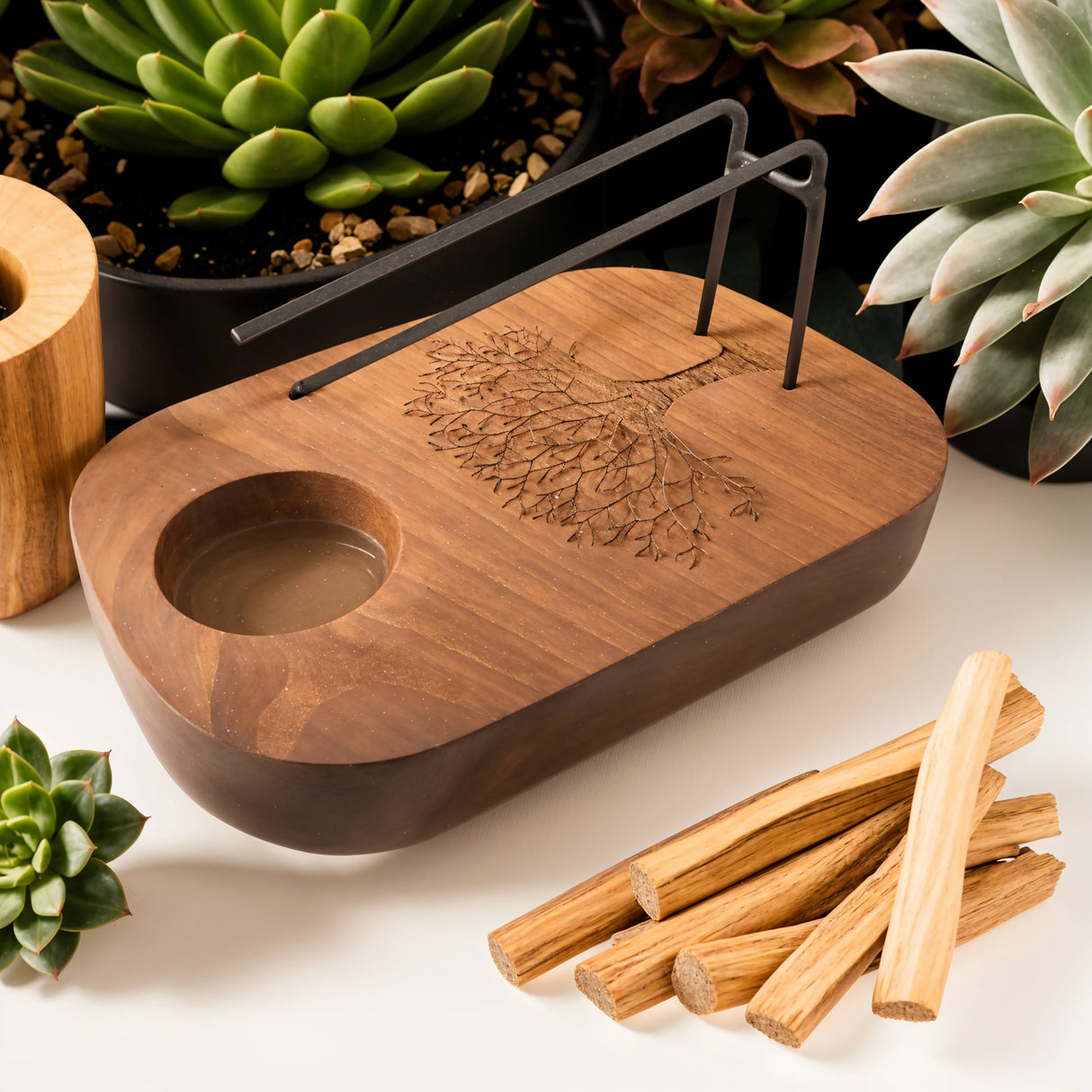 Portavelas Palo Santo - Madera de teca - Diseño del árbol de la vida