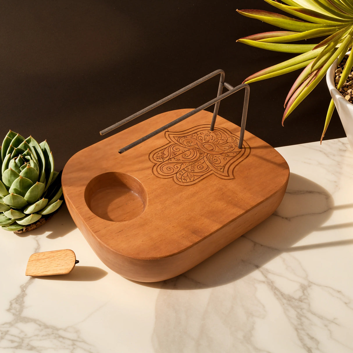 Palo Santo Holder - Teak Wood - Hamsa Design