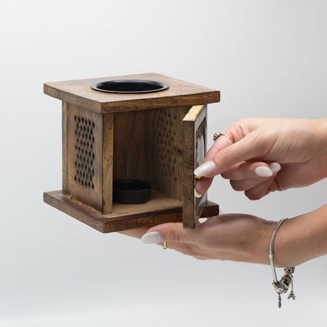 Eco - Friendly Mango Wood Elephant Carved Incense Burner & Oil Diffuser with Brass Knob - 12x12 cm - SHAMTAM.COM