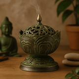 Incense Burner Brass Verdigris Small Lotus Tibetan - SHAMTAM.COM