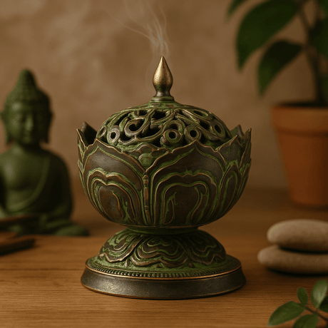 Incense Burner Brass Verdigris Small Lotus Tibetan - SHAMTAM.COM