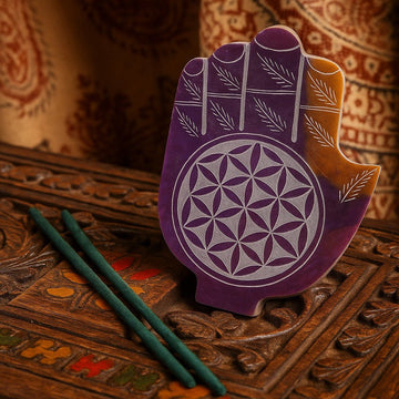 Incense Burner Hamsa Purple Soapstone Flower Of Life