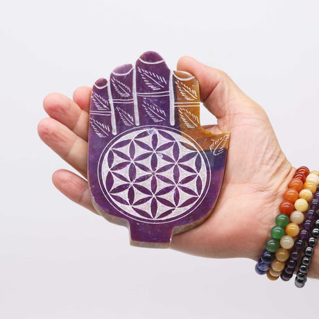 Purple Soapstone Hamsa Incense Burner with Flower of Life Design for Spiritual Protection and Harmony - SHAMTAM.COM