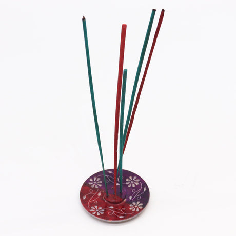 Handcrafted Floral Soapstone Disc Incense Burner - 5 Stick Holder, Red & Purple Design - SHAMTAM.COM