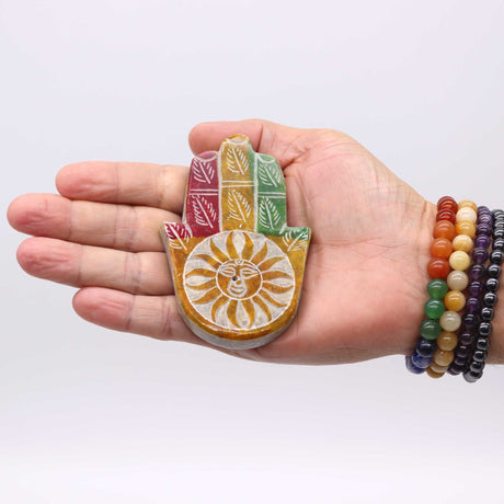 Handcrafted Soapstone Hamsa Incense Burner with Sun Face Design for Protection and Positive Energy - SHAMTAM.COM