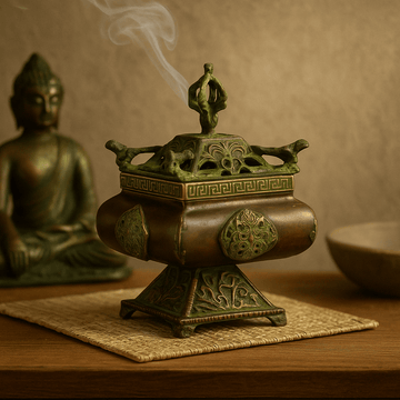 Incense Burner Tibetan Brass Verdigris Square Four Symbols