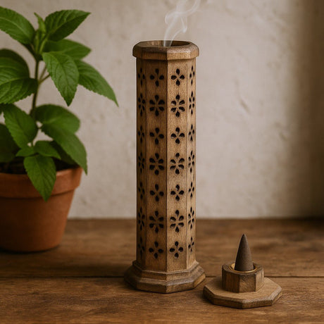 Incense Burner Tower Hexagonal Mango Wood - SHAMTAM.COM