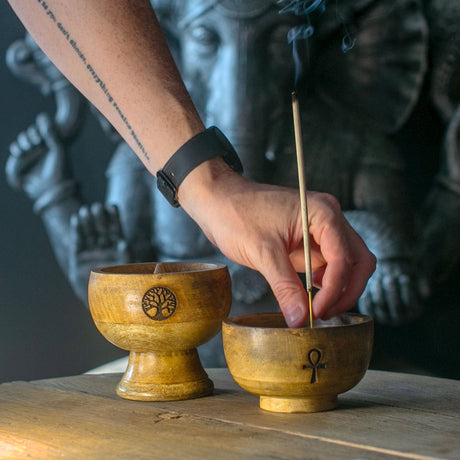 Large Wooden Ritual Bowl Incense Cone Holder with Om Symbol - 11x6 cm Natural Finish - SHAMTAM.COM