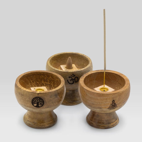 Large Wooden Ritual Bowl Incense Cone Holder with Om Symbol - 11x6 cm Natural Finish - SHAMTAM.COM