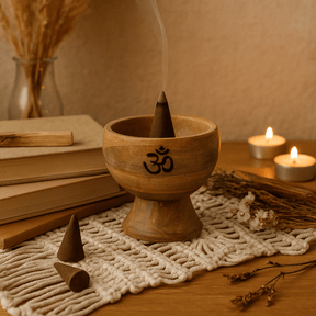 Large Wooden Ritual Bowl Incense Cone Holder with Om Symbol - 11x6 cm Natural Finish - SHAMTAM.COM