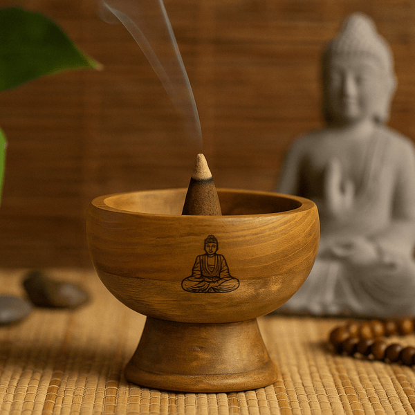 Portaconos de incienso, cuenco de madera con Buda grabado