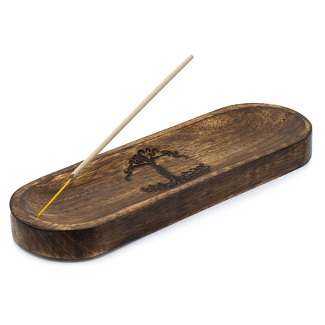 Handcrafted Wooden Incense Tray with Tree of Life Design - 30x10cm Rustic Oval Holder - SHAMTAM.COM