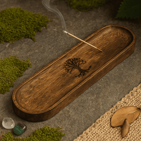 Handcrafted Wooden Incense Tray with Tree of Life Design - 30x10cm Rustic Oval Holder - SHAMTAM.COM