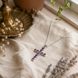 Indian Devotional Pendant - Silver Plated (45cm Chain)- Amethyst Crucifix