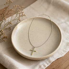 Indian Devotional Pendant - Silver Plated (45cm Chain)- Peridot Crucifix