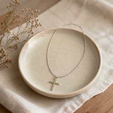 Indian Devotional Pendant - Silver Plated (45cm Chain)- Peridot Crucifix
