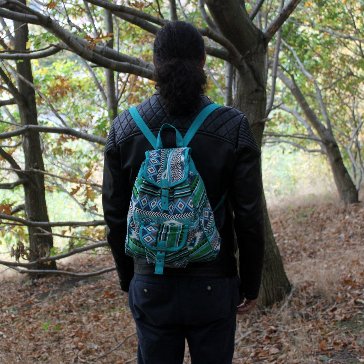 Boho Backpack Jacquard Bag - Teal - SHAMTAM.COM