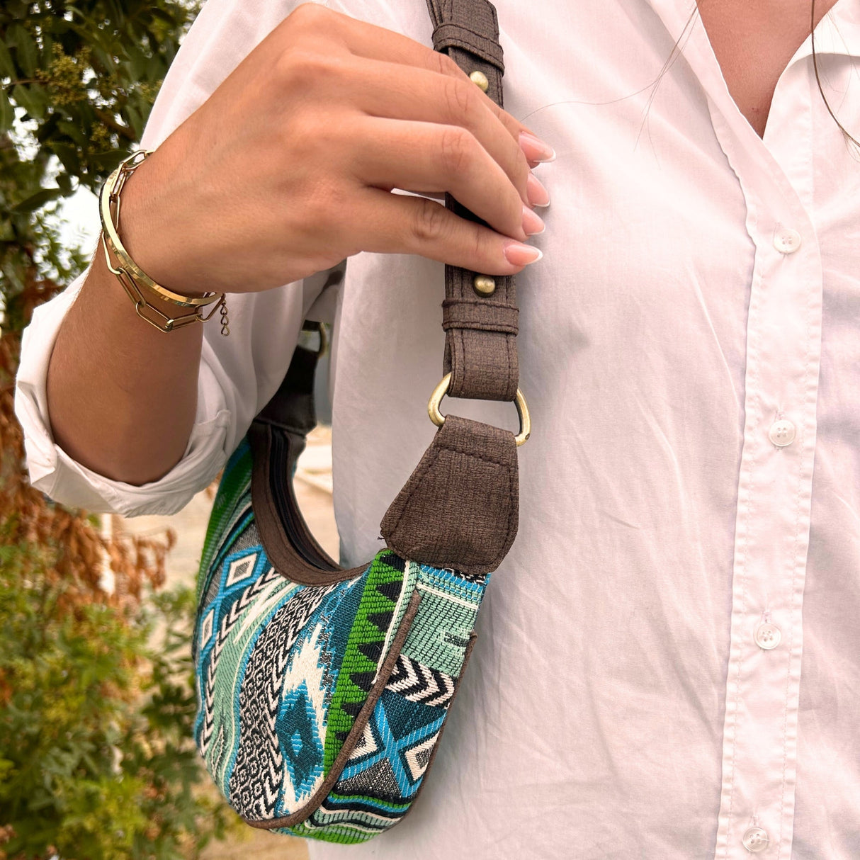 Jacquard Hobo Bag - Bold Greens (brown strap) - SHAMTAM.COM