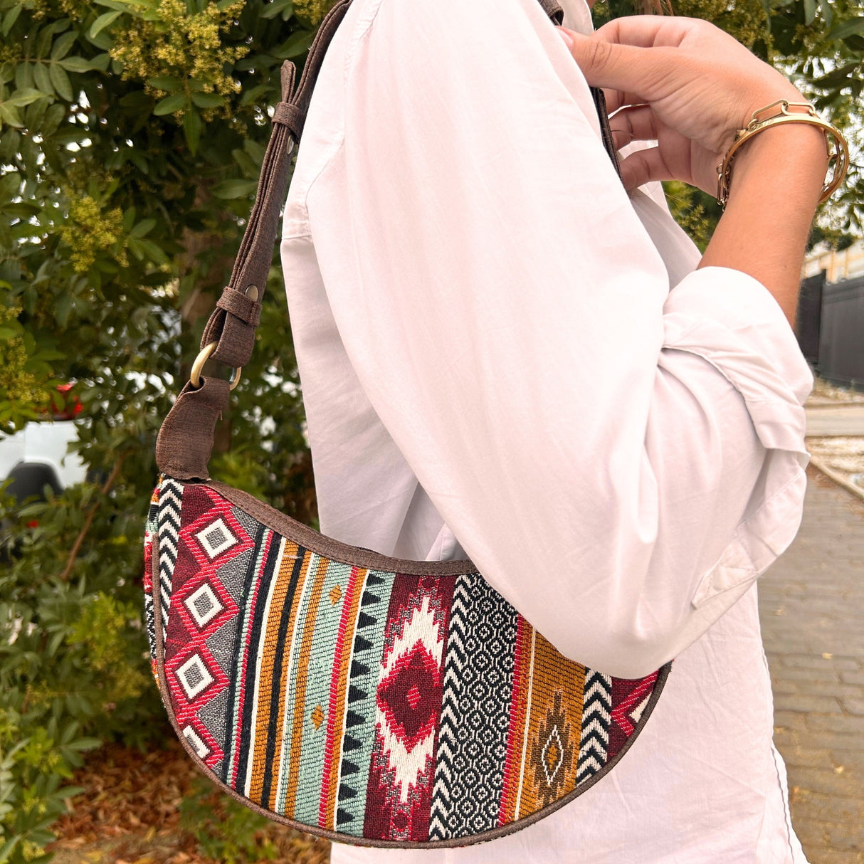 Jacquard Hobo Bag - Rich Browns (brown strap) - SHAMTAM.COM