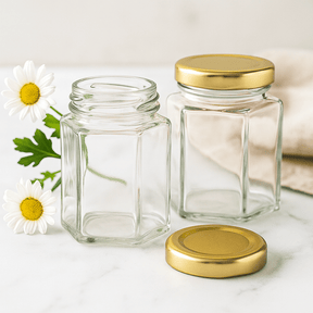 Jam Jar Hexagonal Glass Twist - Off Lid 150ml - SHAMTAM.COM