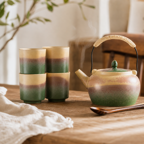 Japanese Kyusu Style Tea Set - For Green Tea - Four Cups — styled in a warm, naturally lit interior