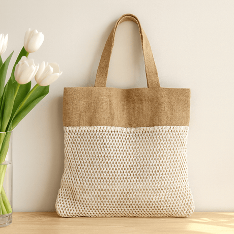 Jute and Cotton Tote Bag, Natural - SHAMTAM.COM