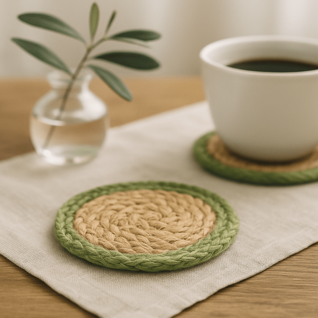 Jute Cotton Coasters 4 - Pack Olive Border 10cm - SHAMTAM.COM