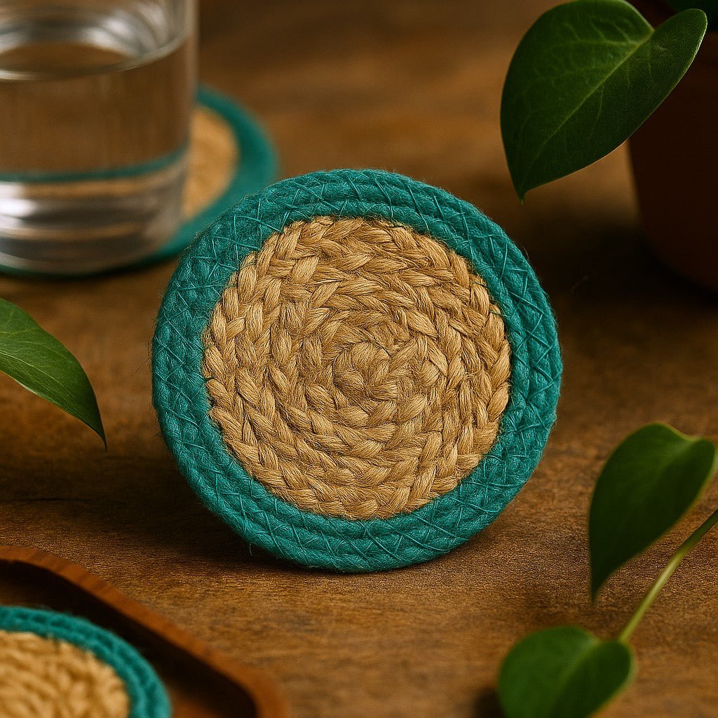 Jute Cotton Coasters Set of 4 Teal Border - SHAMTAM.COM