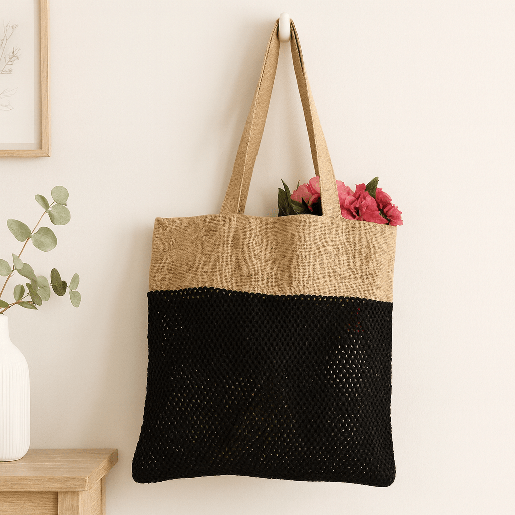 Jute Cotton Tote Bag Black - SHAMTAM.COM