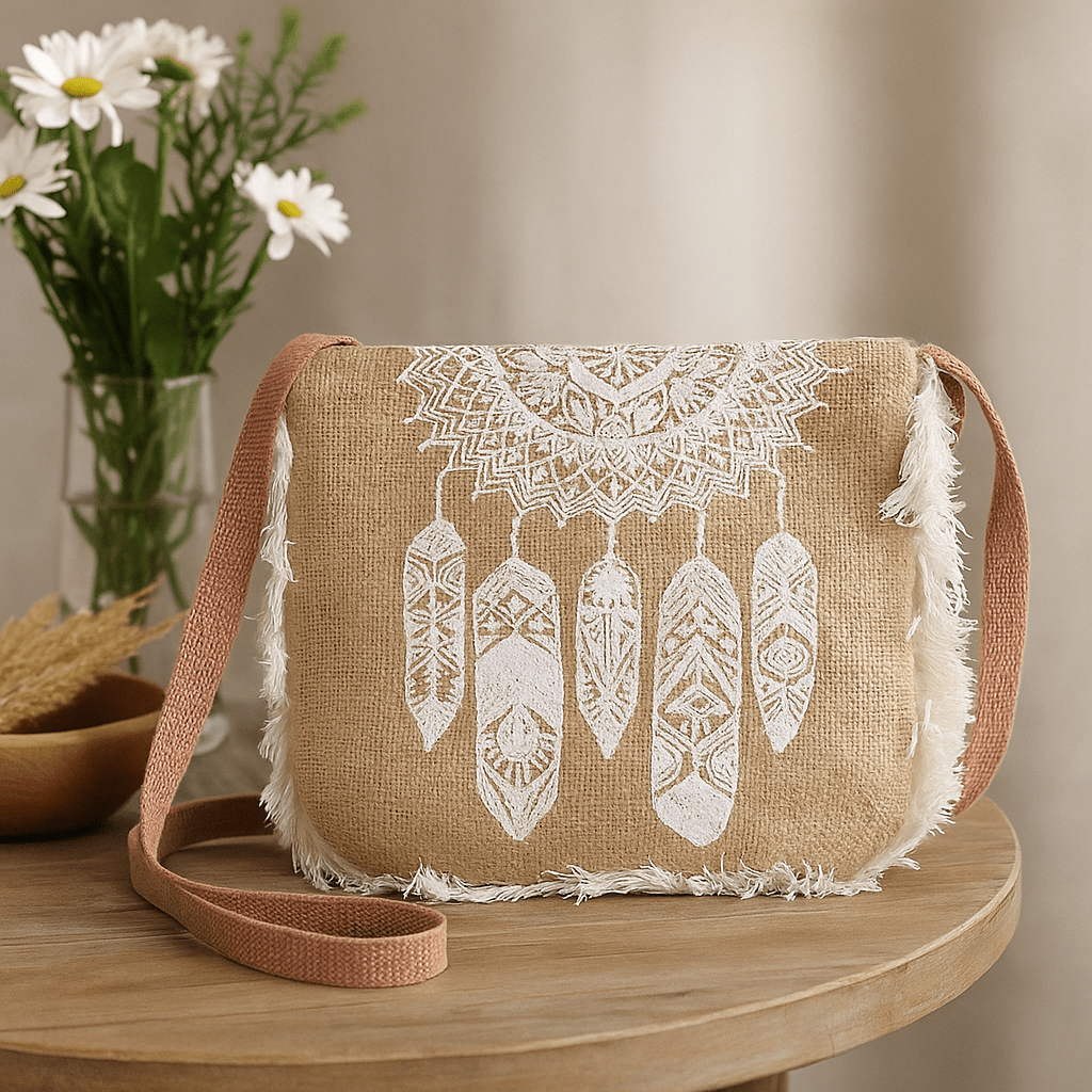 Jute Fringe Bag - Dream Catcher Print - SHAMTAM.COM