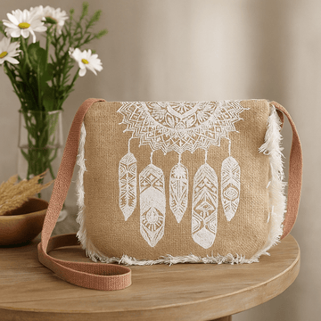 Mala com franjas em juta, estampado de apanhador de sonhos