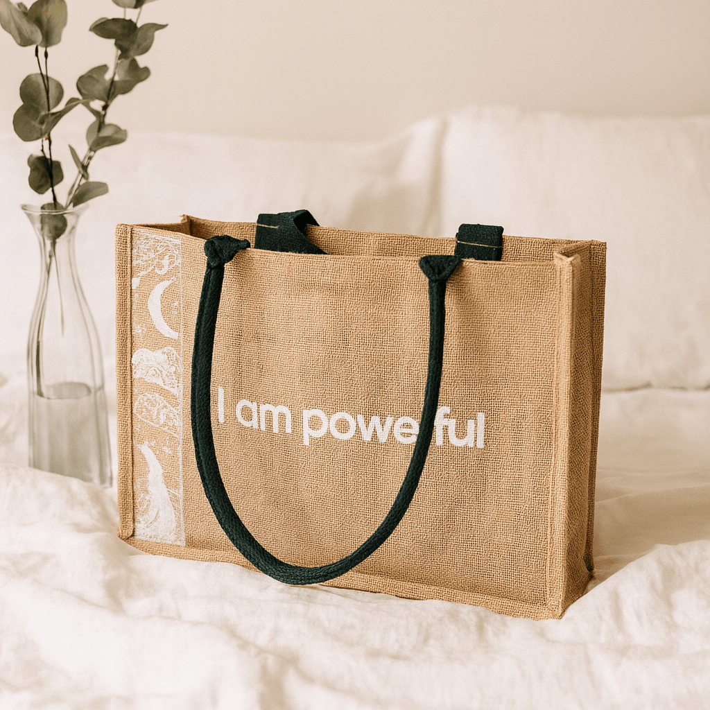 Jute Tote Bag - Moon Wolf I Am Powerful - SHAMTAM.COM