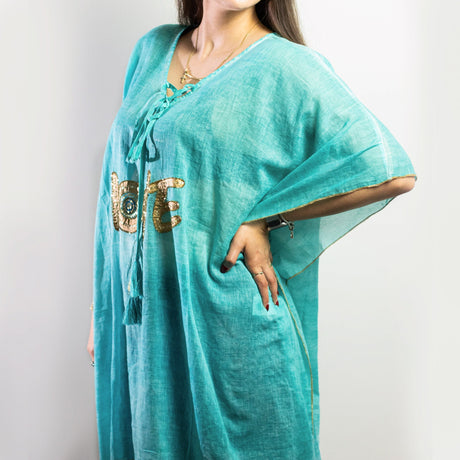 Nomad Sari On the Med Collection - Kaftan - Turquoise & Gold Love Design - SHAMTAM.COM