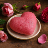 Heart-shaped pink soap on a plate with roses and petals on a wooden surface