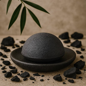 Black konjac sponge on a dark plate with scattered charcoal pieces on a beige background
