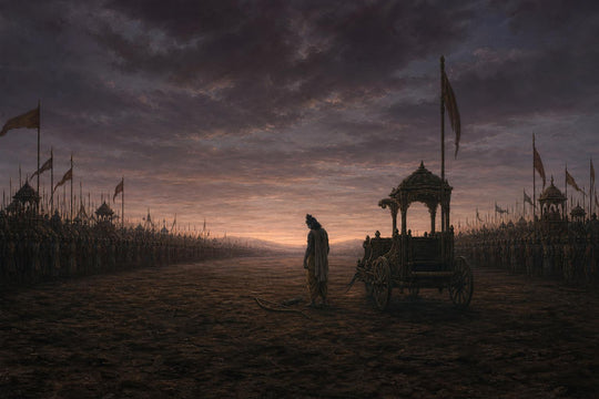 Un campo de batalla oscuro en el umbral del amanecer, con carros vacíos y una figura sola y encorvada junto a un arco bajado.