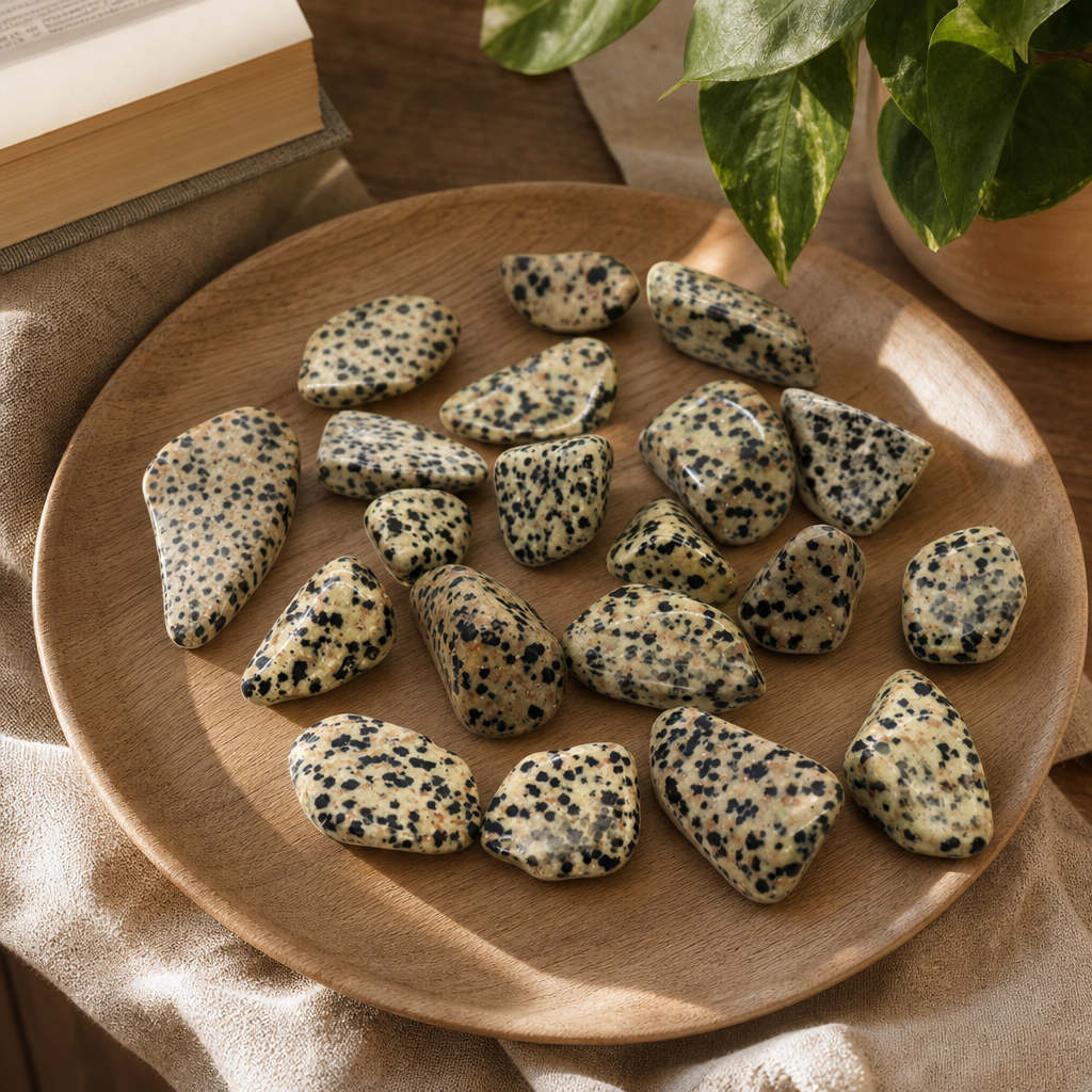 L Tumble Stones - Dalmation Stone — styled in a warm, naturally lit interior