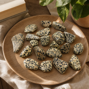 L Tumble Stones - Dalmation Stone — styled in a warm, naturally lit interior