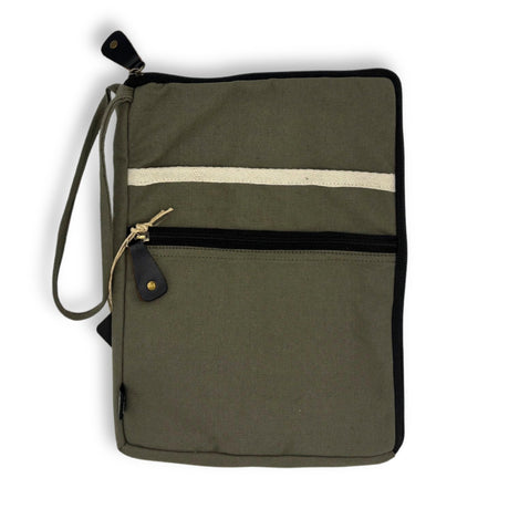 Olive Canvas Large Laptop Pouch with Quick Access Design and Extra Side Pocket - SHAMTAM.COM