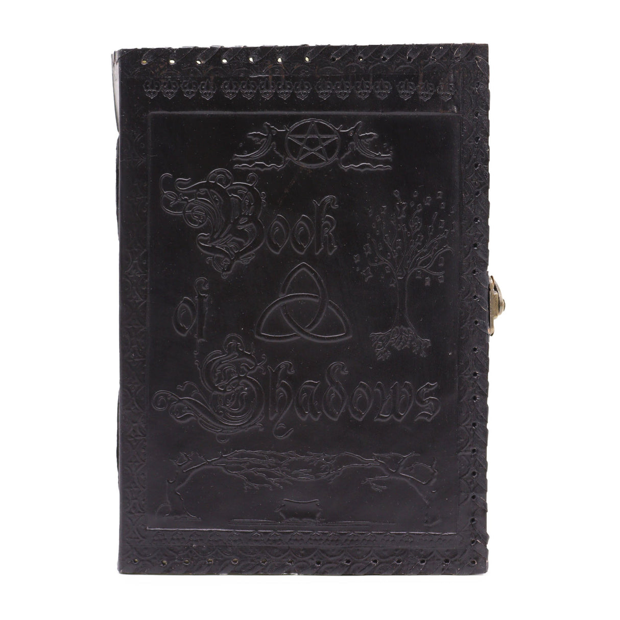 Large Black Leather Book of Shadows with Embossed Pentacle, Triquetra, and Tree Design - 200 Deckle - Edged Pages, 25x18x3cm - Mystical Wiccan Journal with Metal Clasp - SHAMTAM.COM