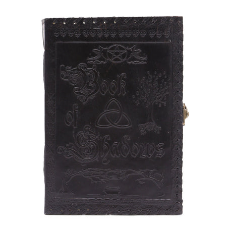 Large Black Leather Book of Shadows with Embossed Pentacle, Triquetra, and Tree Design - 200 Deckle - Edged Pages, 25x18x3cm - Mystical Wiccan Journal with Metal Clasp - SHAMTAM.COM