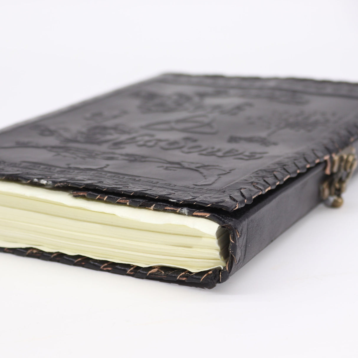 Large Black Leather Book of Shadows with Embossed Pentacle, Triquetra, and Tree Design - 200 Deckle - Edged Pages, 25x18x3cm - Mystical Wiccan Journal with Metal Clasp - SHAMTAM.COM