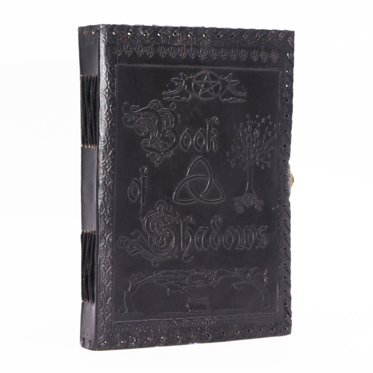Large Black Leather Book of Shadows with Embossed Pentacle, Triquetra, and Tree Design - 200 Deckle - Edged Pages, 25x18x3cm - Mystical Wiccan Journal with Metal Clasp - SHAMTAM.COM