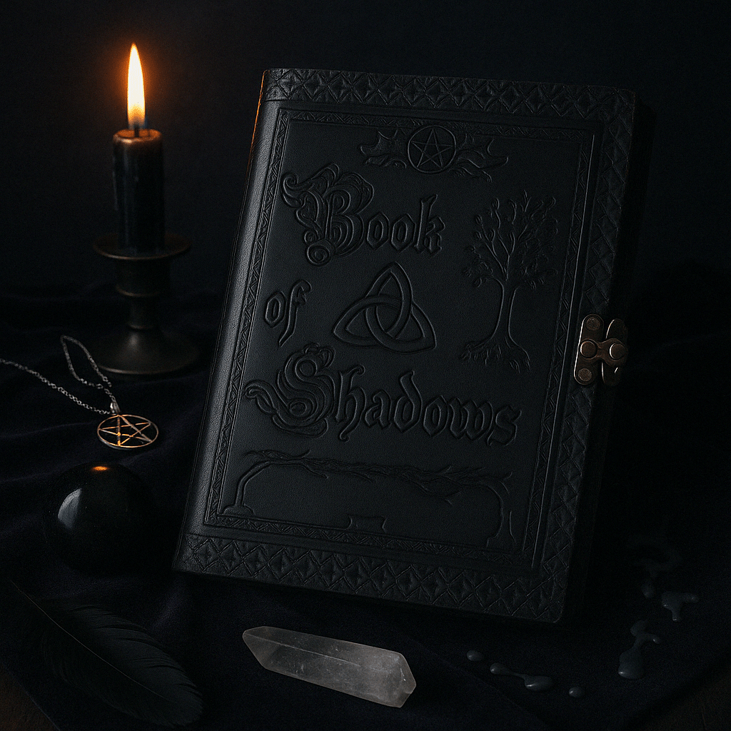 Large Black Leather Book of Shadows with Embossed Pentacle, Triquetra, and Tree Design - 200 Deckle - Edged Pages, 25x18x3cm - Mystical Wiccan Journal with Metal Clasp - SHAMTAM.COM