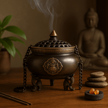 Quemador de Incienso Tibetano Grande de Latón Colgante – Cuatro Símbolos